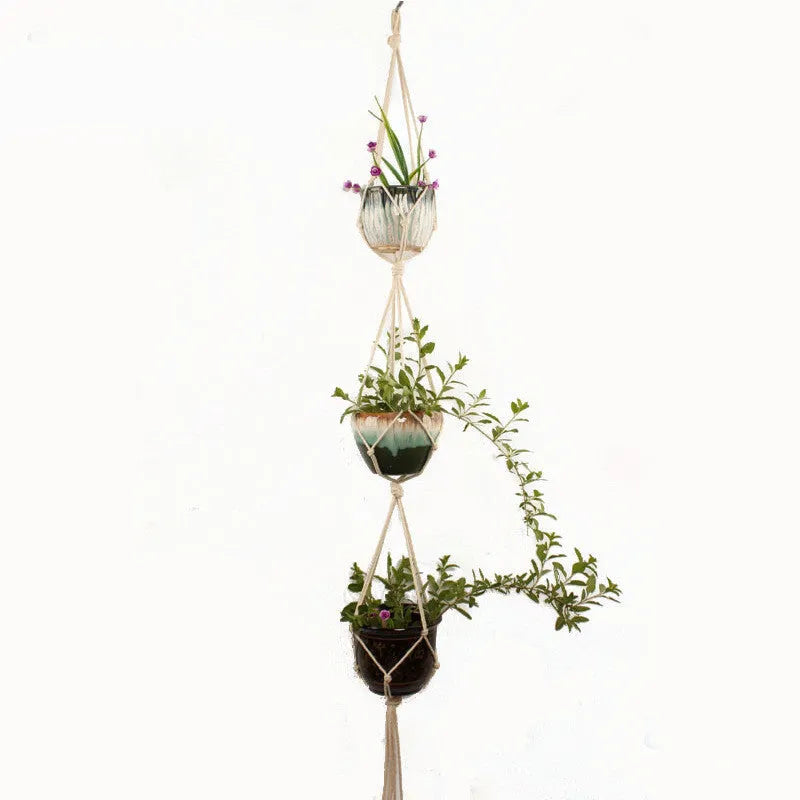 Woven cotton rope plant holder in a desktop style with greenery inside.