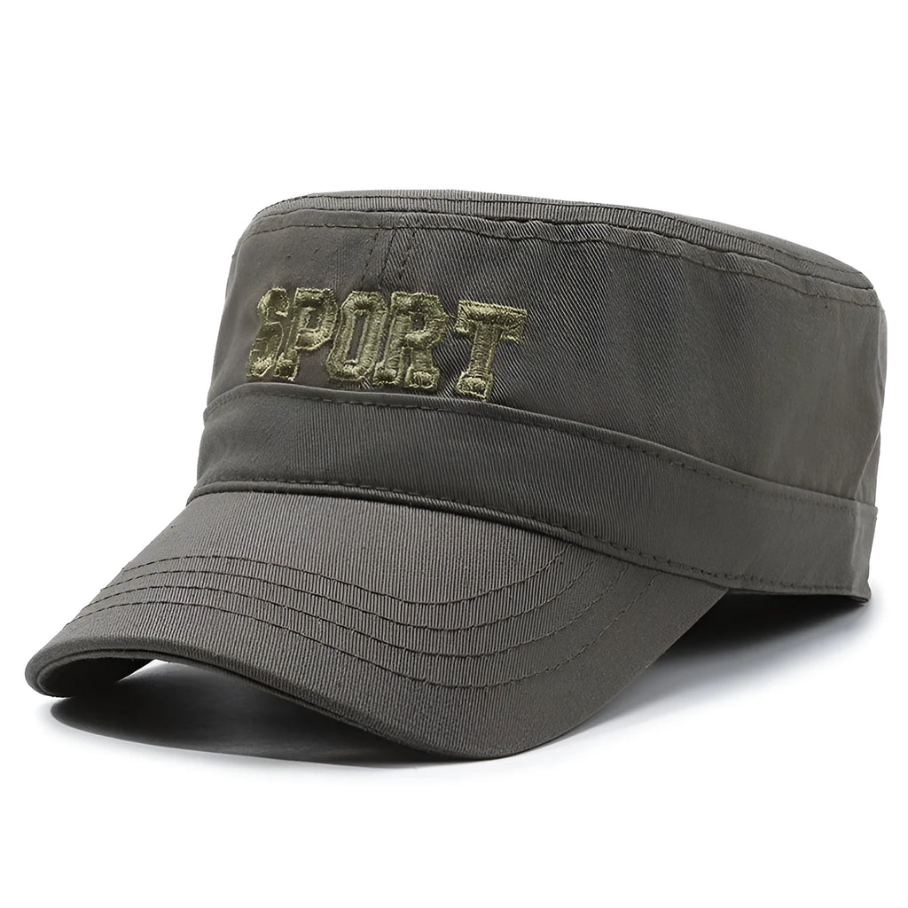 Men's adjustable cotton flat-top peaked cap in multiple colours showing dome crown and peak design