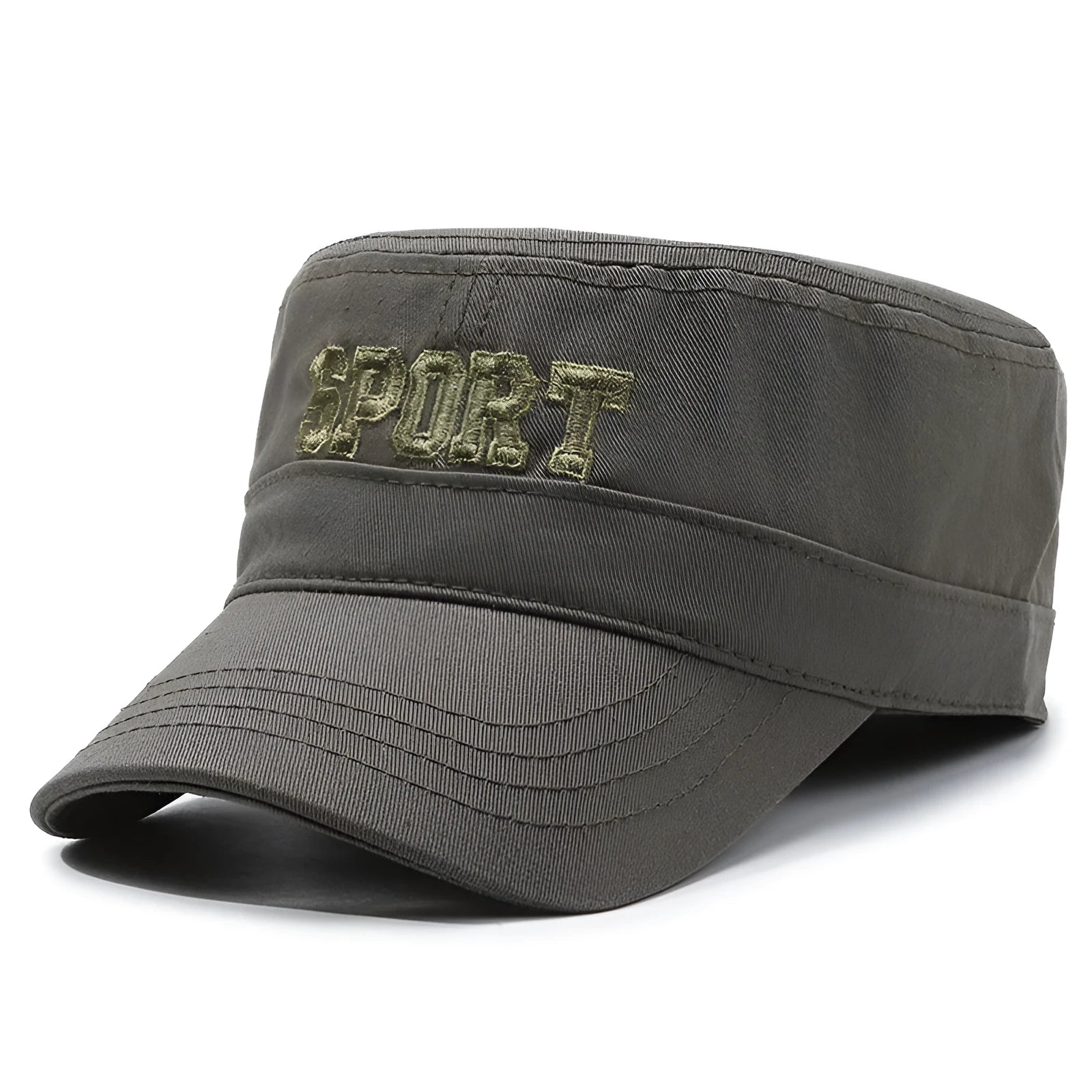 Men's adjustable cotton flat-top peaked cap in multiple colours showing dome crown and peak design