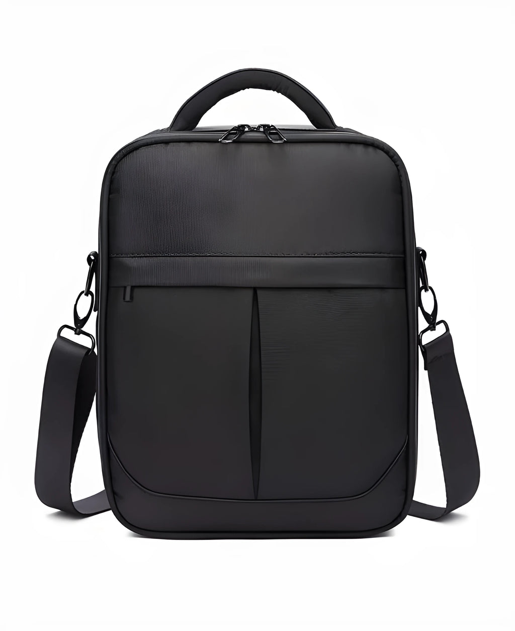 Black Oxford fabric men's messenger bag showing shoulder strap and structured shape