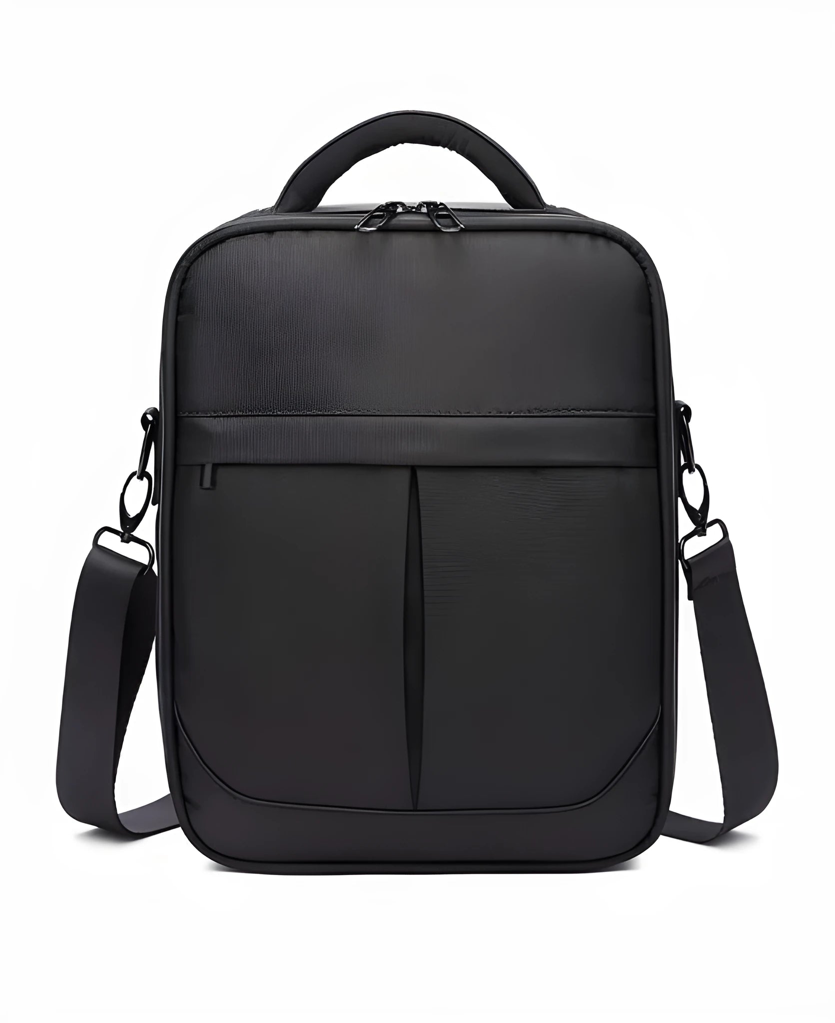 Black Oxford fabric men's messenger bag showing shoulder strap and structured shape