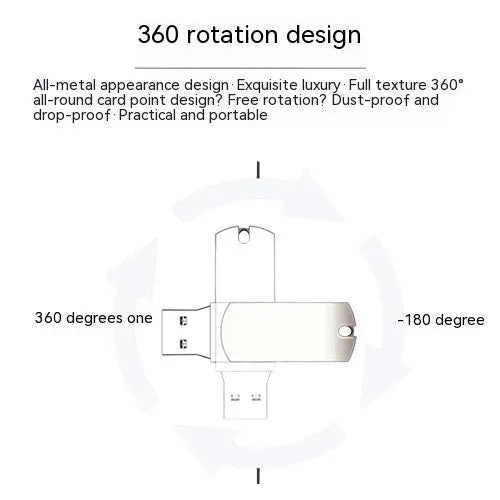 White metal rotating USB flash drive showing compact size next to protective pp bag
