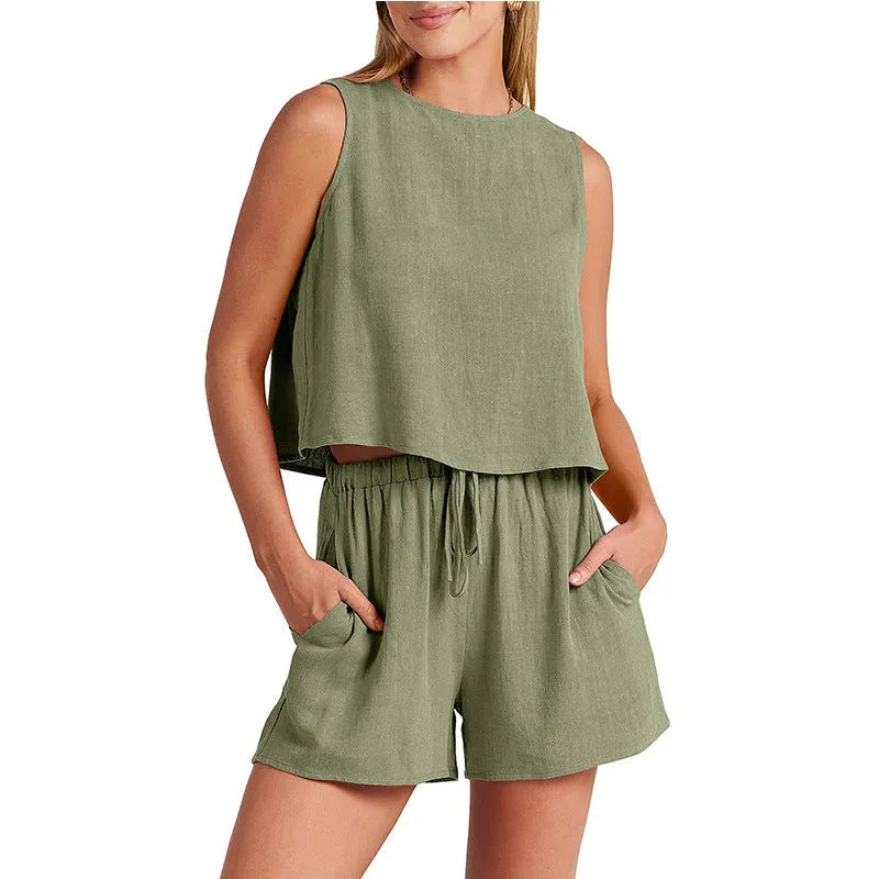 Women's summer two-piece set with sleeveless top and drawstring shorts in five colour options