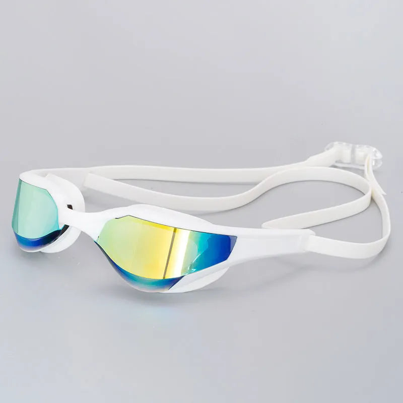Anti-fog swimming goggles with polycarbonate lenses shown with large and small nose bridges in a plastic mirror box.