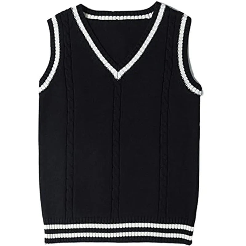 Women's slim fit V-neck acrylic knitted waistcoat sweater with striped stitching detail