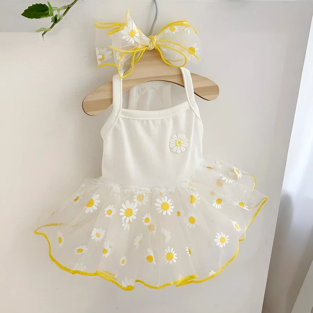Yellow daisy pattern summer dog clothes on pet, lightweight polyester fabric