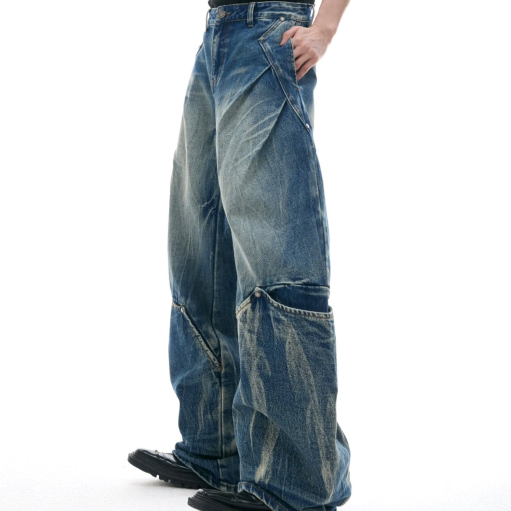 Men's verdant blue retro jeans with washed burst pattern and curved knife loose fit