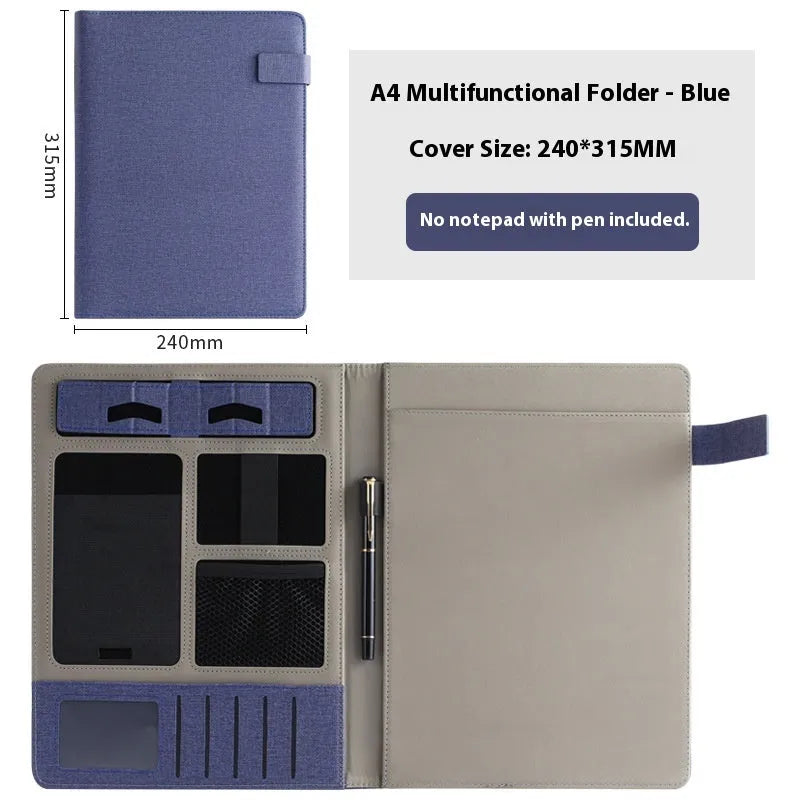 A4 leather business folder in black colour showing document storage and pen holder