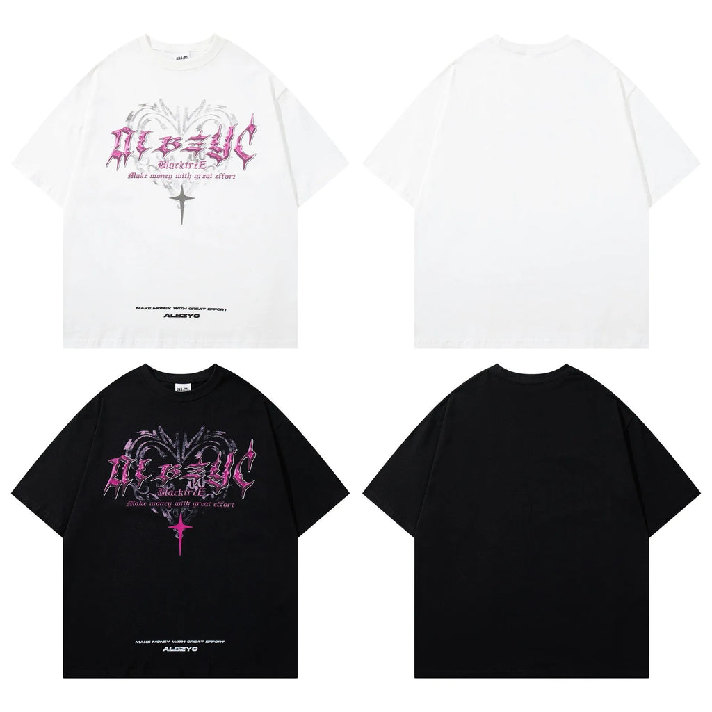Man wearing a black loose fit cotton t-shirt with a retro graphic print on the chest.