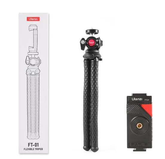 Black octopus-style aluminium alloy tripod with phone clip extended to 360mm length.
