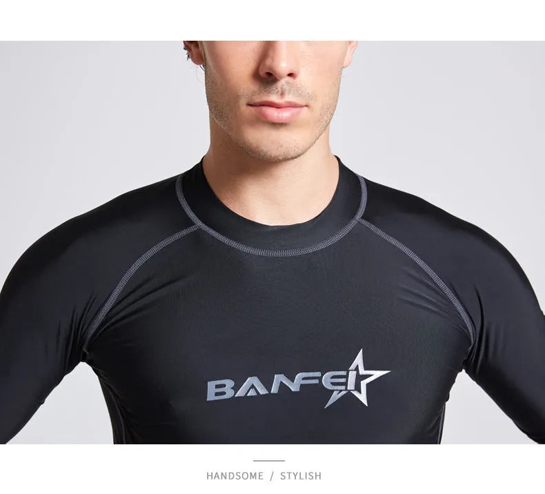 Men's quick-drying half sleeve swim suit with separate swim top and pants in navy blue.