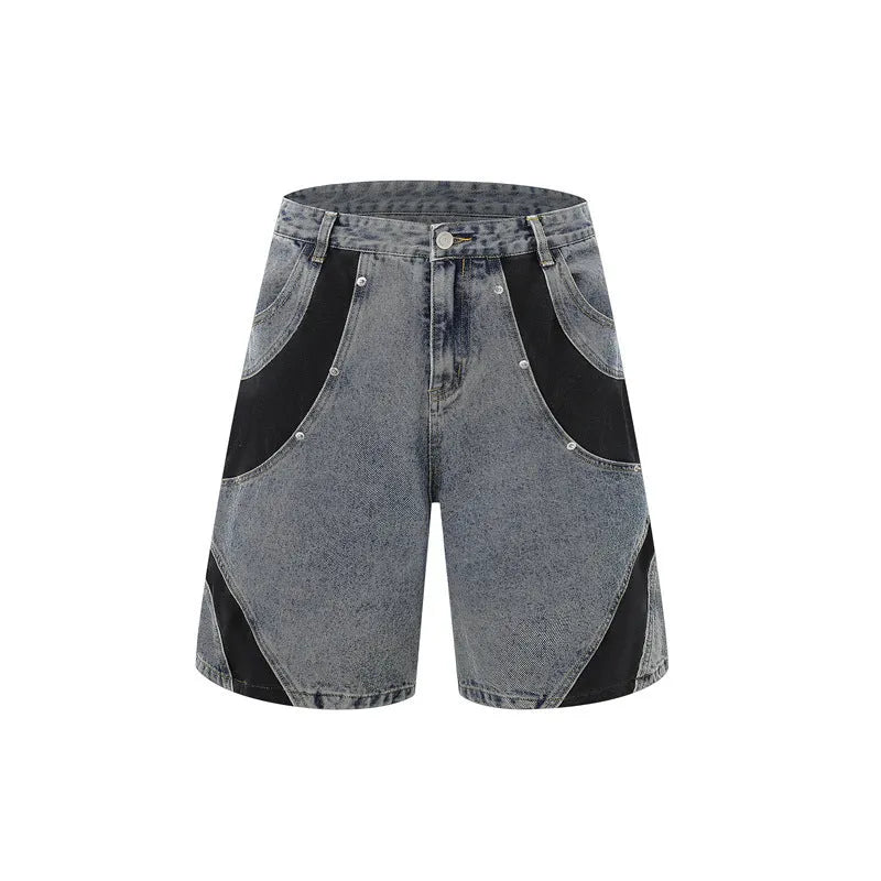 Retro washed denim suit with short-sleeved jacket and matching trousers in black or blue