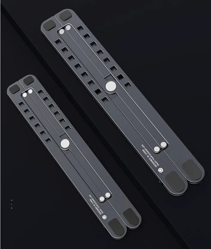 Aluminium alloy foldable laptop stand shown adjusted to different heights with laptop and tablet