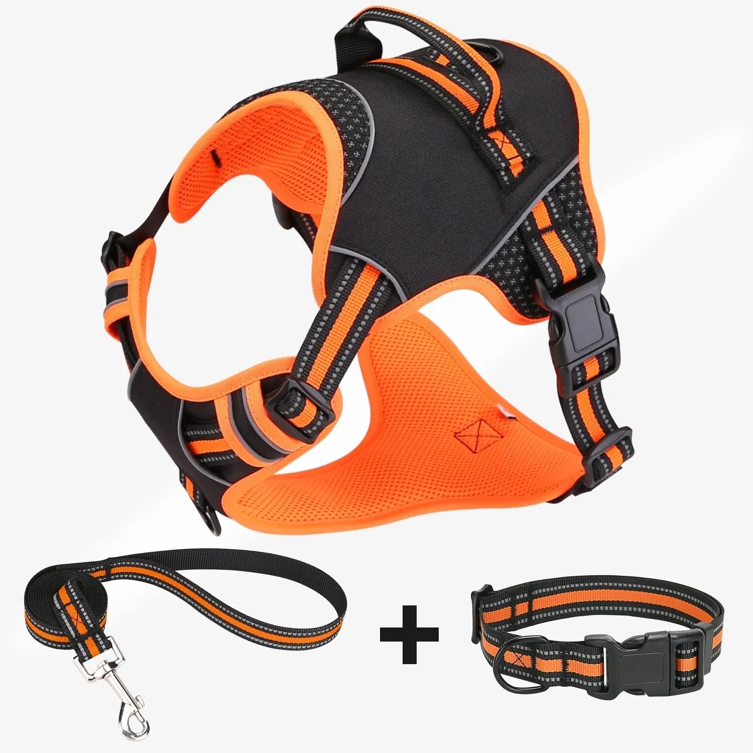 Orange and yellow dog harness and traction strap set for outdoor training with anti-breaking loose security