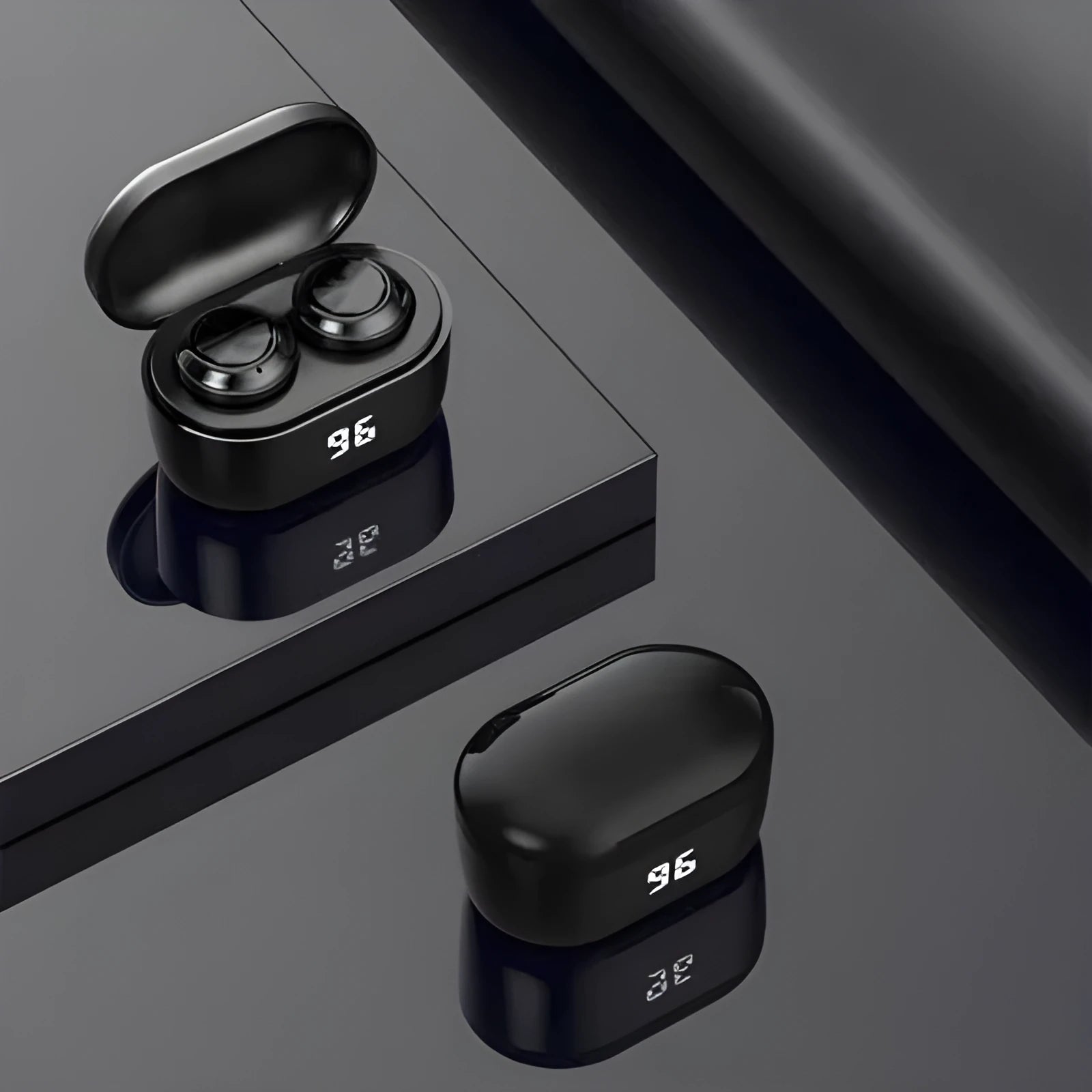 Black in-ear stereo Bluetooth headset with earpieces for both ears.