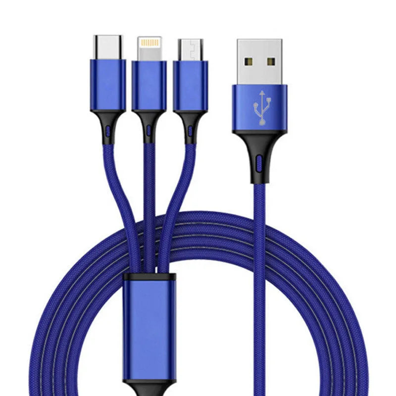 Braided 3-in-1 data cable with aluminium alloy connectors showing red, blue, silver and black colour options
