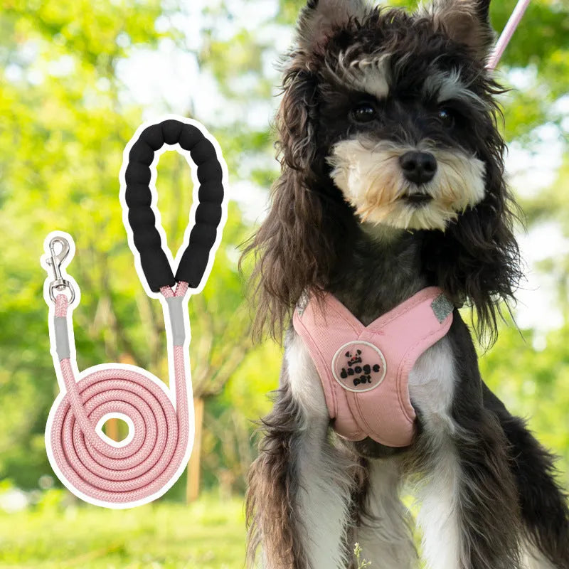 Blue polyester pet vest harness with attached hand holding rope for dog control.