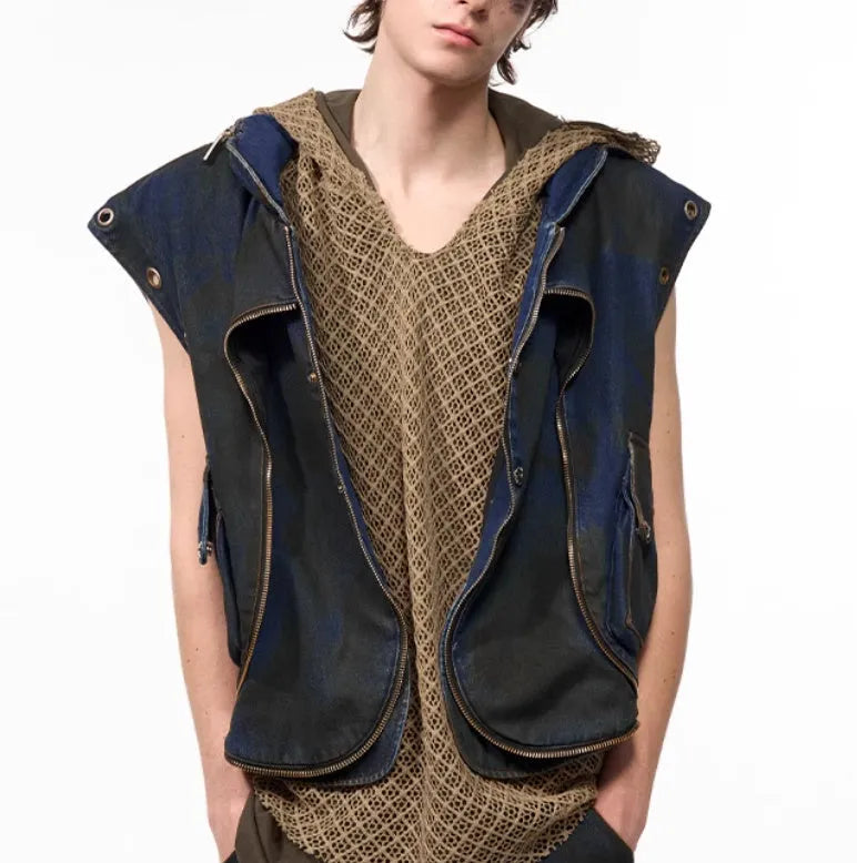 Blue hooded denim vest coat with matching trousers, Korean style zippered jacket set