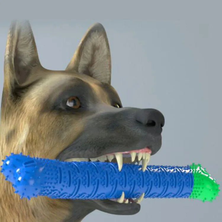 Blue green dog molar cleaning stick with serrated brush head design for dental care