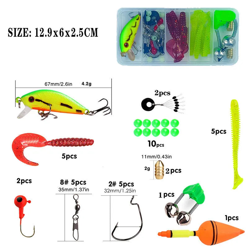 Children's beginner fishing rod set with pole and wheel in blue, green, red, or yellow colour options