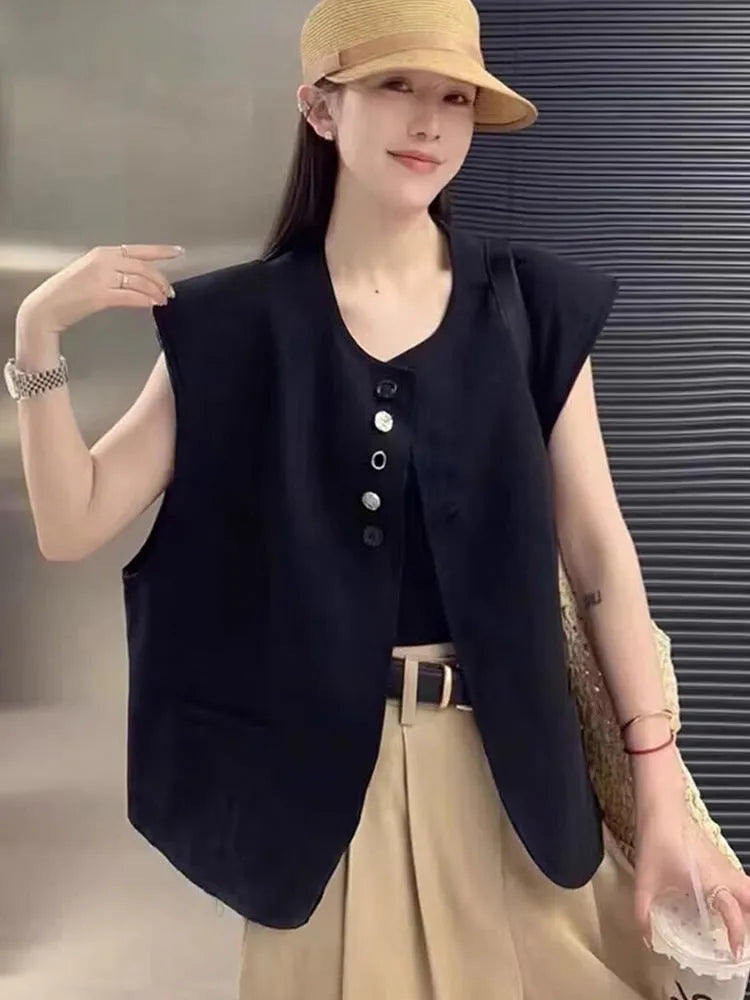 Women's loose fit polyester vest in milky white and black colours with pocket details.