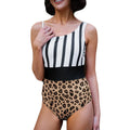 Women's leopard print one-piece swimsuit with asymmetric collar and high-waisted triangle brief