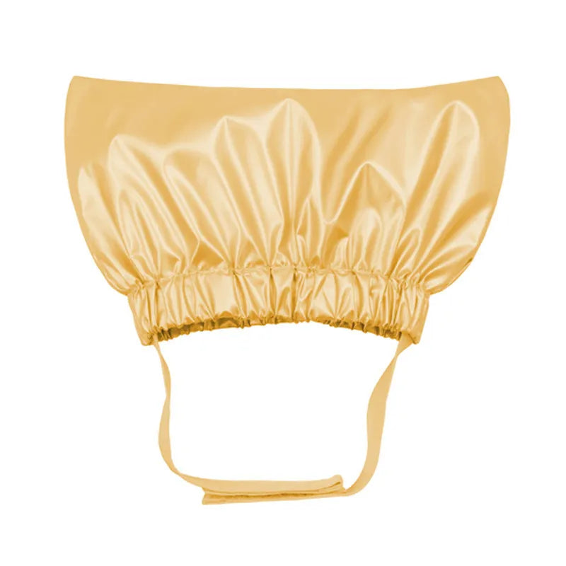 A silver adjustable waterproof shower cap for a dog or cat on a non-woven fabric background.