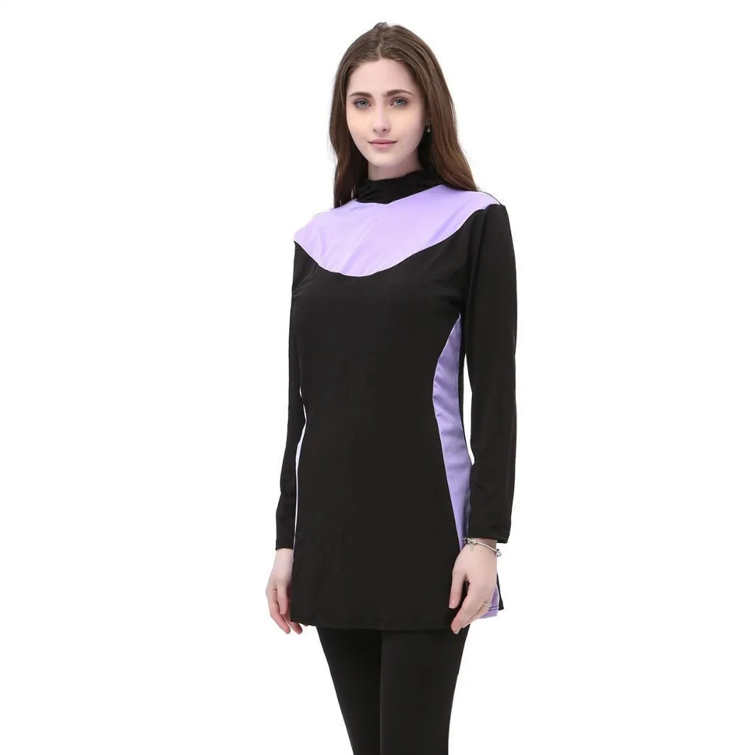Black women's hooded long sleeve swimsuit top and pants set for swimming
