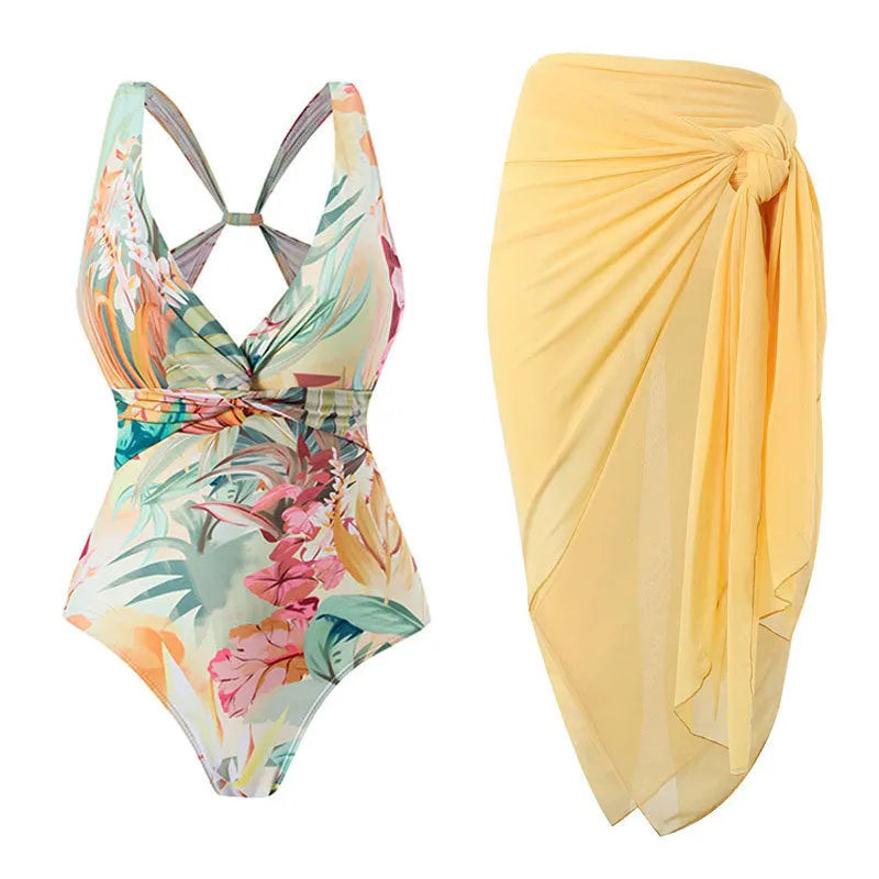 Women's conservative one-piece swimsuit with vintage floral print and short sleeves