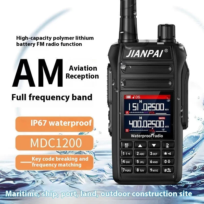 Black Interphone waterproof aviation headset with plastic shell, antenna, battery, back clip, charger, cable, and accessories
