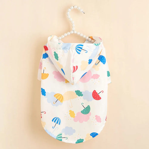 Cartoon umbrella pattern dog raincoat in polyester material showing colourful design