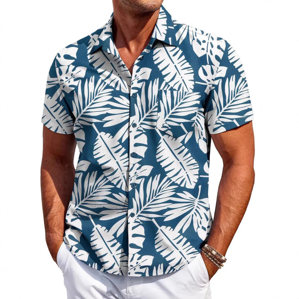 Man wearing a slim fit short sleeve Hawaiian print cardigan shirt in a solid colour.