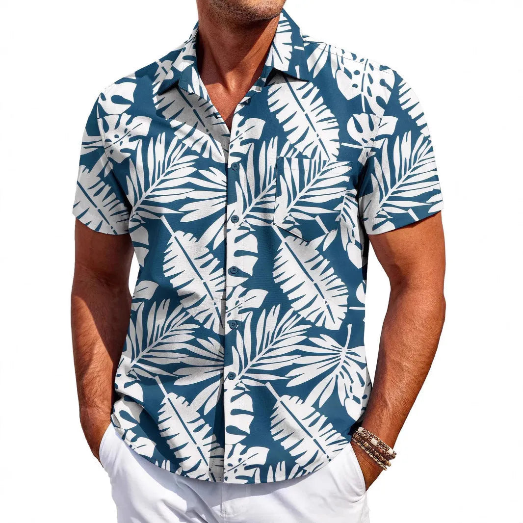 Man wearing a slim fit short sleeve Hawaiian print cardigan shirt in a solid colour.