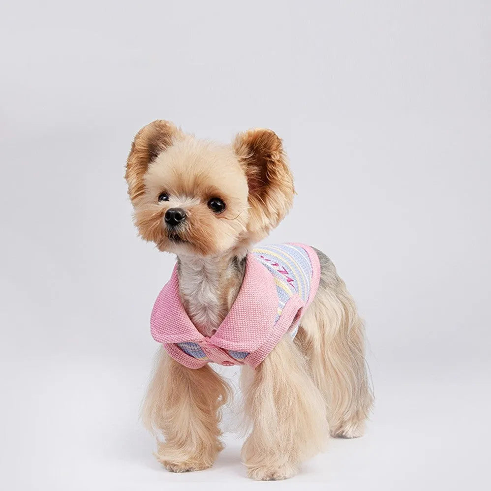 Pink purple vest for a small dog on a mannequin, showing the front design.