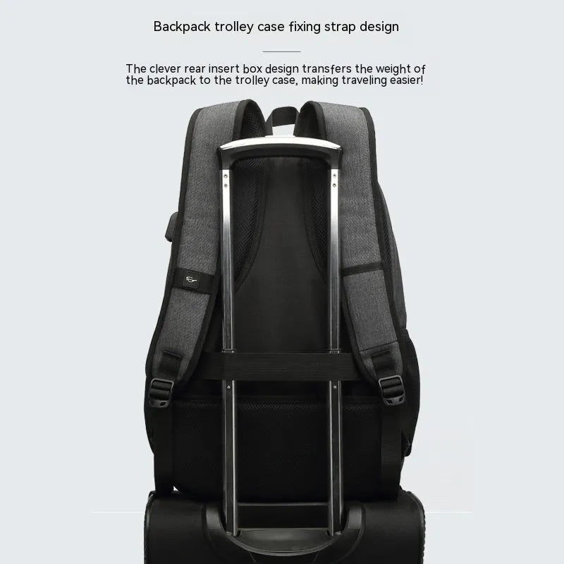USB charging backpack with trolley strap in black, dark grey and light grey colours