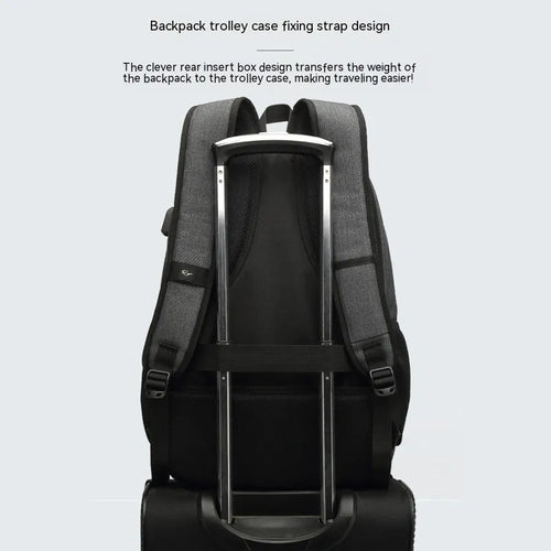 USB charging backpack with trolley strap in black, dark grey and light grey colours