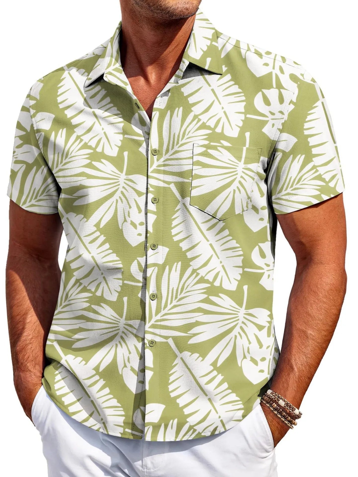 Man wearing a slim fit short sleeve Hawaiian print cardigan shirt in a solid colour.