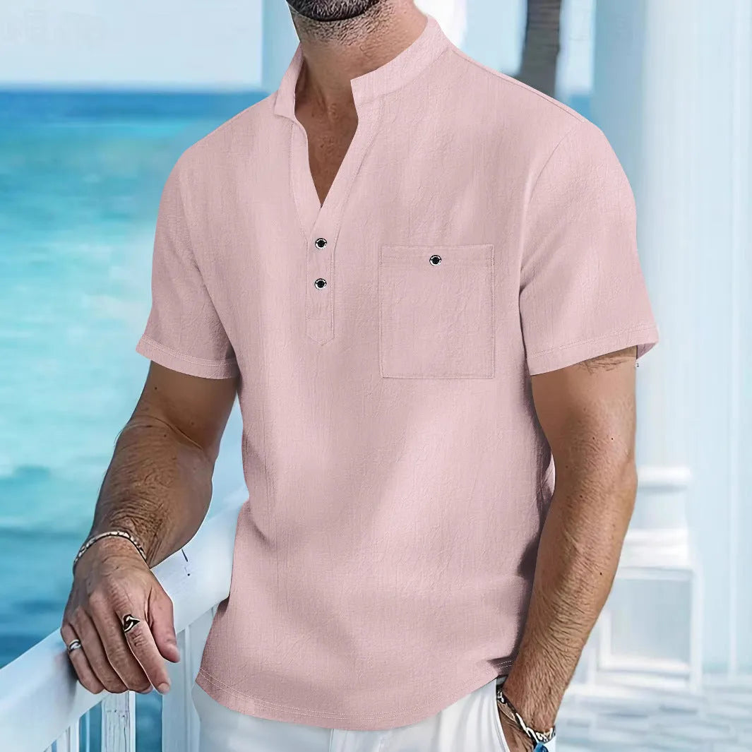 Men's loose fit linen blend short sleeve T-shirt with a stand collar in a light colour.