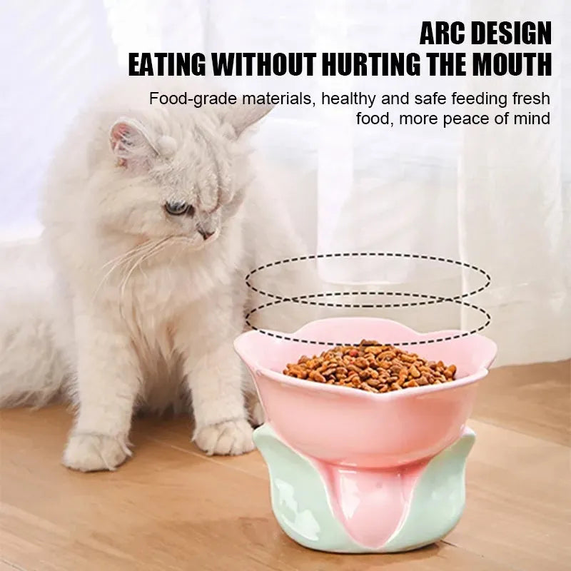Blue ceramic elevated pet bowl with floral pattern for cats and small dogs on a non-slip base.