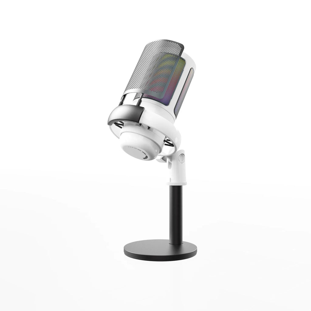 USB condenser microphone with RGB lighting in black, white or pink colours for live broadcast streaming