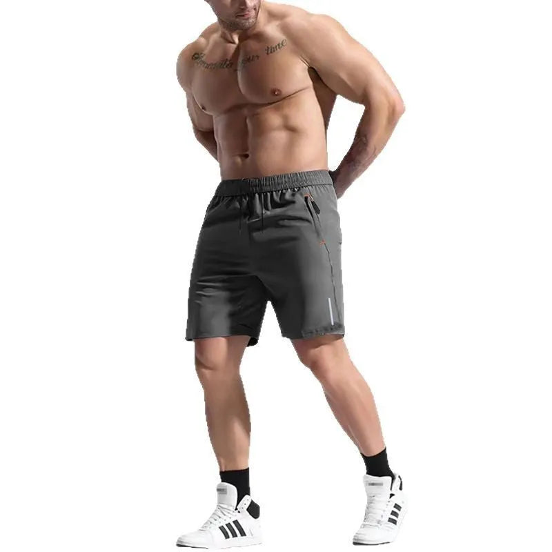 Men's grey elastic waist sports shorts with drawstring, made from bamboo fibre blend fabric.