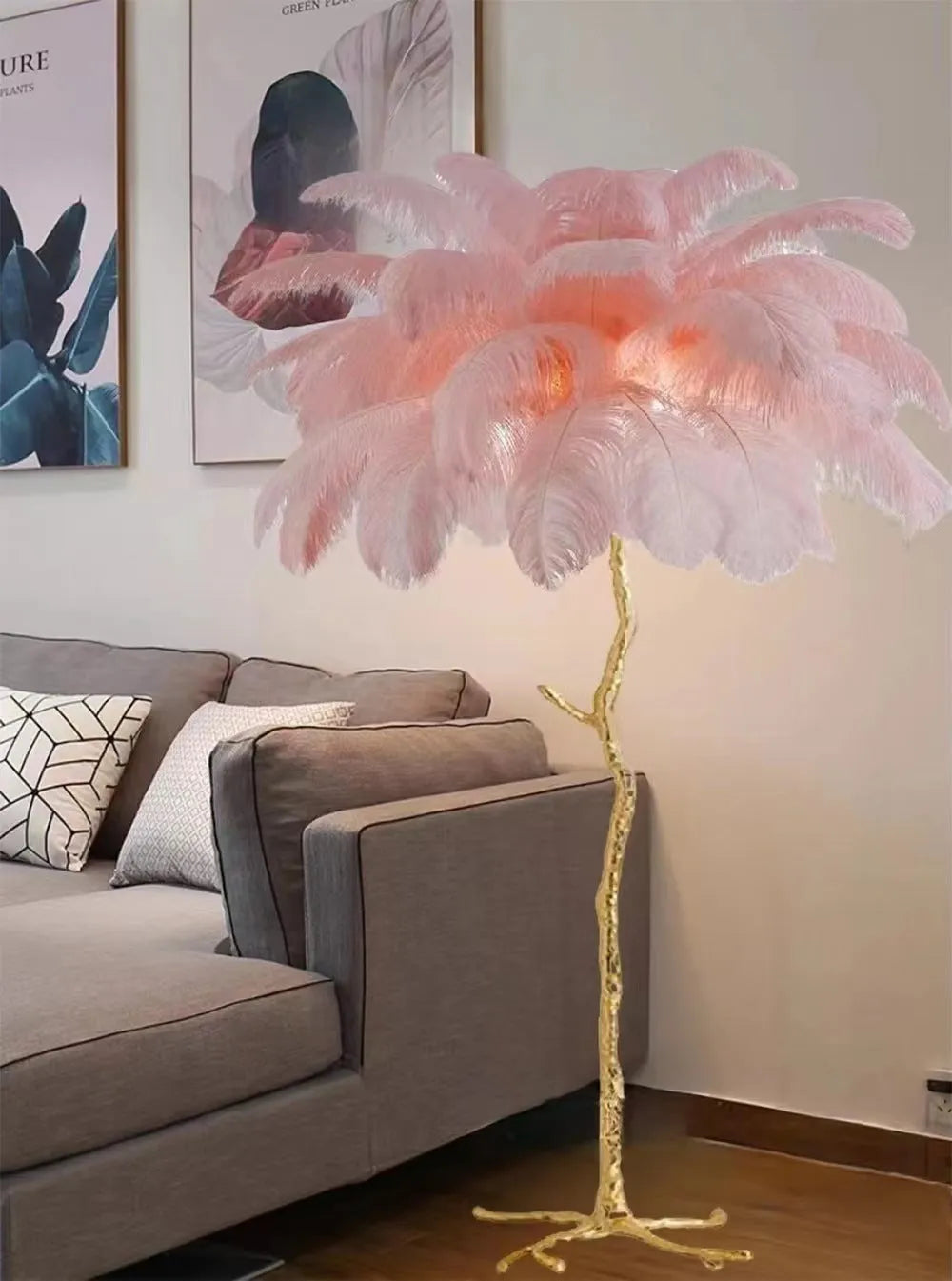 Decorative resin feather floor lamp standing 170cm tall with dark green, pink or white feather design