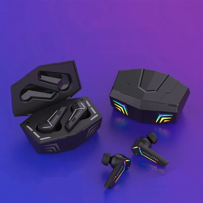 Black TWS Bluetooth sports headset with low latency gaming and NFC connectivity features.