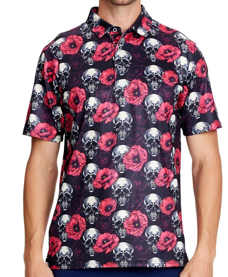 Man wearing a grey 3D printed short sleeve T-shirt with zipper decorations on the sleeves.