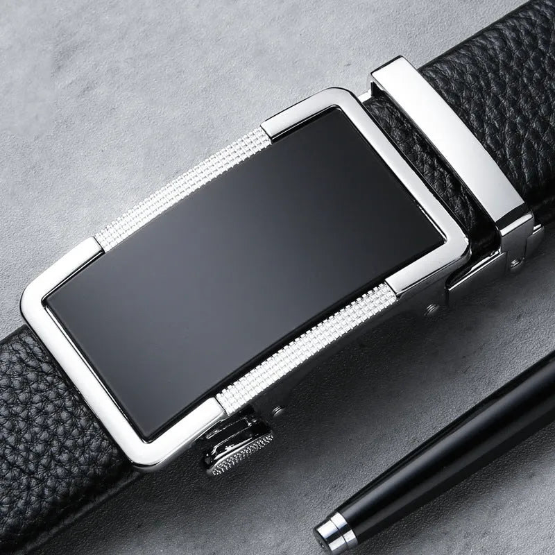 Men's leather belt with an automatic alloy buckle in gun black, silver, or gold colour, showing length adjustment.