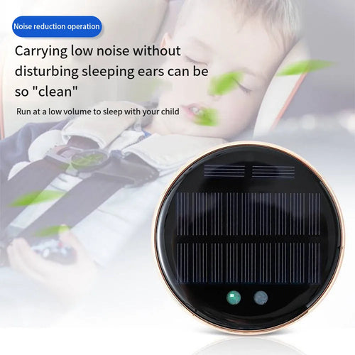 Black solar-powered car air humidifier mounted on a vehicle air conditioning vent.