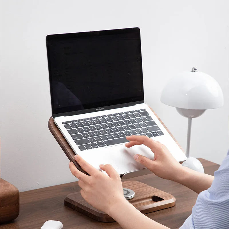Walnut wood adjustable reading rack holding a book and tablet on rotating mechanism