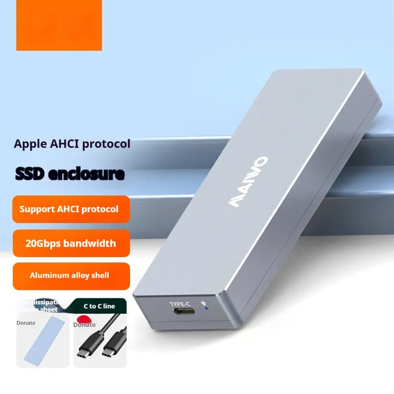 Aluminium alloy M.2 SATA SSD enclosure cartridge for laptops with screwdriver, screws, thermal pad, and USB-C cable.
