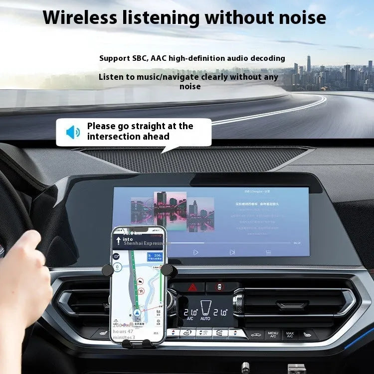 NAI USB car Bluetooth audio receiver with zinc alloy USB plug, copper 3.5mm jack, and PU-covered spring wire.