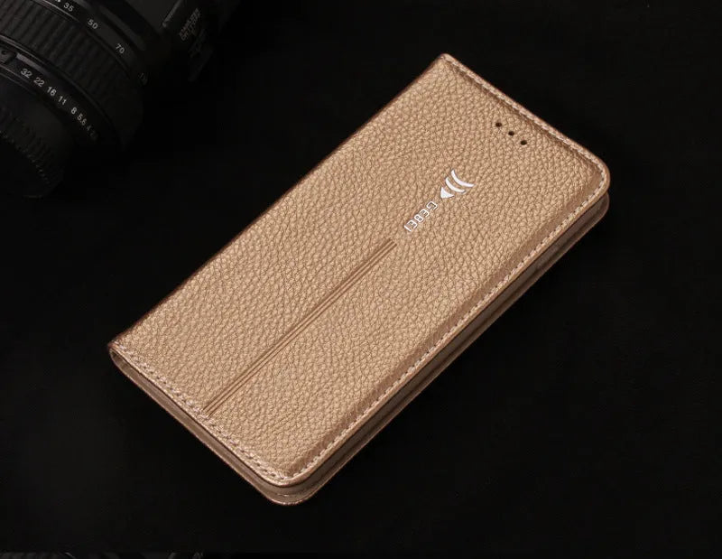 Black PU leather wallet case for iPhone showing card slots